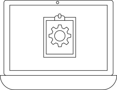 Bir dizüstü bilgisayar ekranında teknolojiyi, ayarları veya yapılandırmayı sembolize eden bir vites simgesi gösterir. Çeşitli teknolojik kavramlar için basit, temiz tasarım.