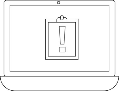 Panoda ünlem işareti olan bir dizüstü bilgisayar uyarıları, uyarıları ya da önemli uyarıları simgeliyor. Teknoloji ve iletişim kavramları için basit çizgi sanatı.