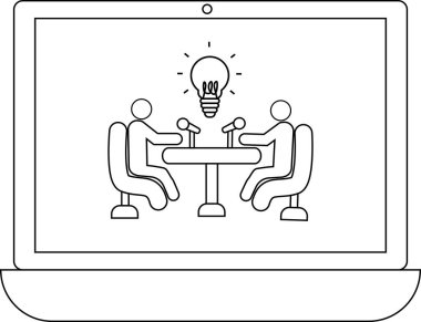 Masada iki kişi, mikrofonlar ve bir ampulle birlikte dizüstü bilgisayar ekranında sergilenen beyin fırtınası görüntüsü..