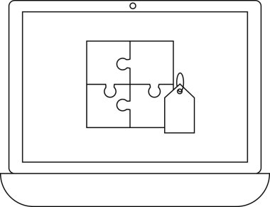 Bir dizüstü bilgisayar ekranı tamamlanmış bir bulmacayı ve fiyat etiketini gösterir, problem çözmeyi ve değer veya maliyeti simgeler.