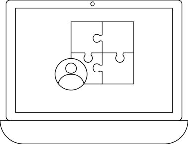 Bir dizüstü bilgisayar ekranı, dijital ortamda takım çalışmasını, işbirliği ve problem çözmeyi sembolize eden bir bulmaca ve kullanıcı simgesi gösterir. Ticari çözümleri resmetmek için ideal.