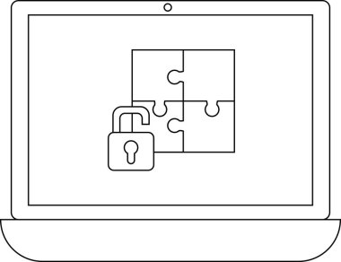 Bir bulmaca ve kilit simgesini gösteren, siber güvenliği, veri korumasını ve şirketler ve bireyler için güvenli yazılım çözümlerini sembolize eden bir dizüstü bilgisayar.