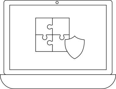 Güvenlik, bütünleşme ve teknolojide problem çözmeyi simgeleyen bir yapboz ve kalkan gösteren bir dizüstü bilgisayar. Siber güvenlik, yazılım geliştirme ve veri koruma için ideal.