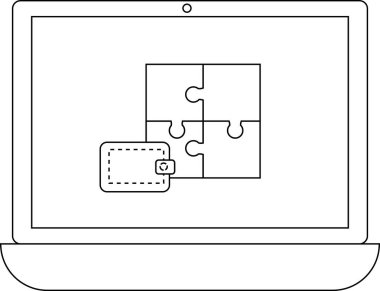 Bilgisayarda bulmaca parçaları ve cüzdan gösteriliyor, çevrimiçi iş çözümlerini, finansal teknolojiyi ve iş büyümesi için dijital entegrasyonu sembolize ediyor.