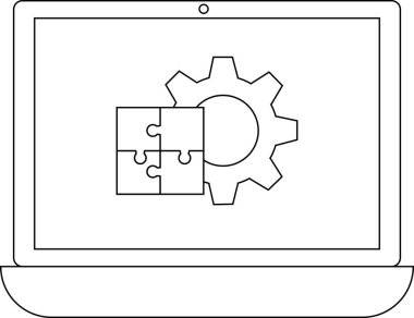 Bir dizüstü bilgisayar ekranında bir dişli ve yapboz parçaları, teknolojiyi sembolize eden, problem çözen ve dijital bağlamda bütünleşen.