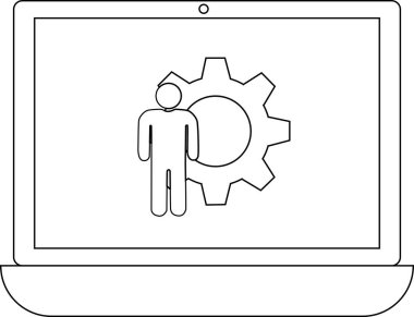 Bir dizüstü bilgisayar ekranında bir insan simgesi bir dişlinin önünde duruyor, teknolojiyi ve insan etkileşimini simgeliyor..