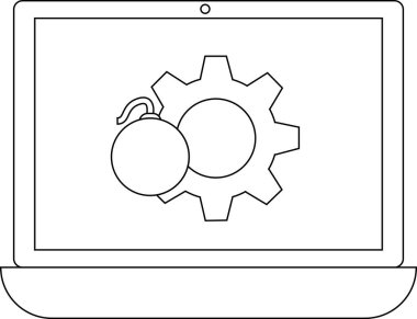 Bir bomba ve dişli ikonu gösteren dizüstü bilgisayar sistem arızasını, kötü amaçlı yazılımı ya da kritik bir hatayı temsil ediyor. Siyah beyaz çizgi sanatı.