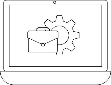 Bir dizüstü bilgisayar, iş teknolojisini, ayarları ve iş ve üretkenlik için profesyonel araçları sembolize eden bir evrak çantası ve dişli simgesi gösterir.