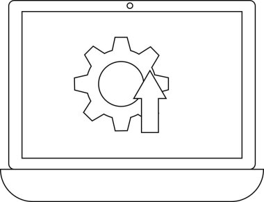 Yazılım güncellemelerini ve sistem ayarlarını sembolize eden yukarı ok ile bir dişli simgesini gösteren bir dizüstü bilgisayar.