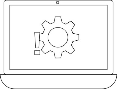 Bir sistem hatası veya problemini simgeleyen ünlem işaretli bir dişli simgesini gösteren bir dizüstü bilgisayar. Teknik sorunlar, bakım ve sorun çözme konularını temsil eder.