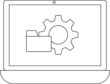 Bir dişli ve dizin simgesini gösteren dizüstü bilgisayar, ayarları veya yapılandırma seçeneklerini sembolize eder. Teknoloji veya yazılım kavramları için temiz, minimalist tasarım.