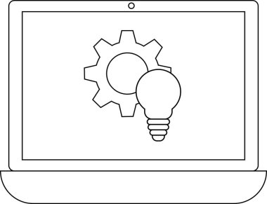 Bir dişli ve ampul simgesini gösteren bir dizüstü bilgisayar, yeniliği, teknolojiyi ve yaratıcı çözümleri sembolize ediyor. İş, eğitim ve teknoloji temaları için ideal.