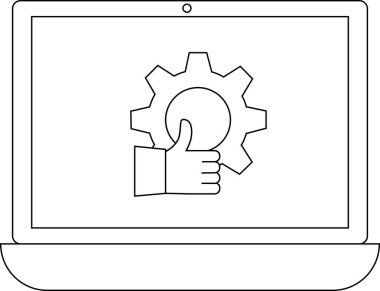 Başparmaklı bir dişli simgesini gösteren, ayarları sembolize eden veya teknik yapılandırmalar için onay veren bir dizüstü bilgisayar.