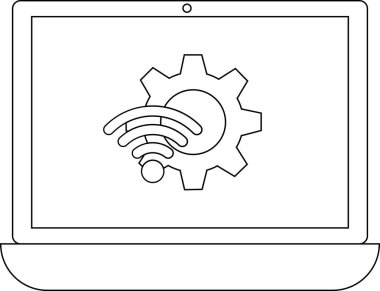 Bir teçhizat ve kablosuz internet sembolü gösteren, teknoloji, ayar ve bağlantıyı temsil eden bir dizüstü bilgisayar tasviri.