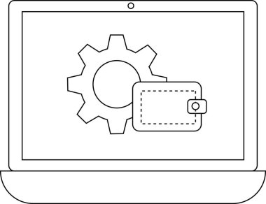 Bilgisayarda bir dişli ve cüzdan simgesini gösteren, mali ayarları veya seçenekleri sembolize eden bir dizüstü bilgisayar.
