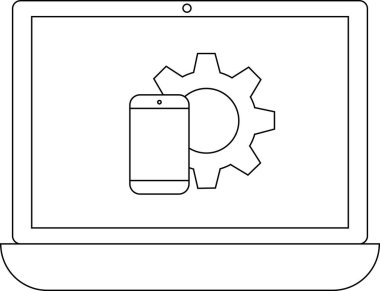 Bilgisayarda bir telefon ve dişli simgesi gösteriliyor, teknolojiyi, ayarları veya mobil gelişimi temsil ediyor. Çok yönlü kullanım için temiz satır sanatı.