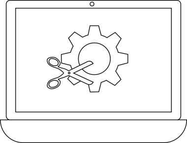Bilgisayarda bir dişli simgesini kesen, kişiselleştirmeyi, yapılandırmayı veya yazılım değişikliğini sembolize eden makas gösteren bir dizüstü bilgisayar tasviri.