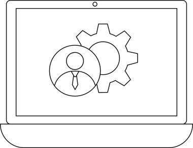 Bir dijital aygıt üzerinde teknik destek, ayar veya kullanıcı yönetimini sembolize eden, bir kullanıcı simgesi ve dişli çark gösteren bir dizüstü bilgisayar.