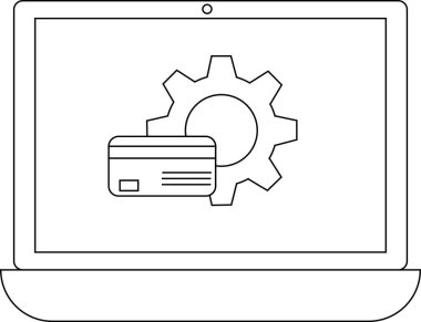 Bir dizüstü bilgisayar ekranında çevrimiçi ödeme yapılandırması ve teknoloji entegrasyonunu sembolize eden bir vites simgesi ve bir kredi kartı gösterilir.