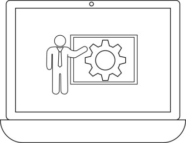 Bir dizüstü bilgisayar, bir teçhizatı işaret eden, teknoloji, iş veya mühendislik kavramlarını sembolize eden bir kişinin sunumunu gösterir..