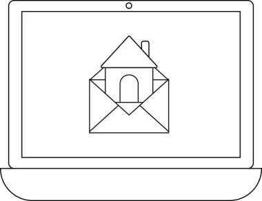 Zarfın içinde ev gösteren bir dizüstü bilgisayar, emlak pazarlamasını, emlak tekliflerini ya da online ev aramasını sembolize ediyor. Web siteleri ve uygulamalar için basit satır sanatı.