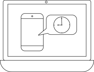 Bir dizüstü bilgisayar, içinde saat bulunan bir konuşma baloncuğu olan akıllı bir telefonu basit bir taslak şeklinde gösterir..