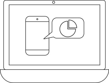 Bir dizüstü bilgisayar, veri analizi ve mobil teknoloji entegrasyonunu temsil eden bir pasta grafiği içeren bir konuşma balonlu akıllı telefonu gösterir..
