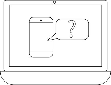 Bir dizüstü bilgisayar ekranında soru işareti olan bir telefon görüntülenir, belirsizlik veya mobil teknoloji hakkında bir sorgu önerilir.