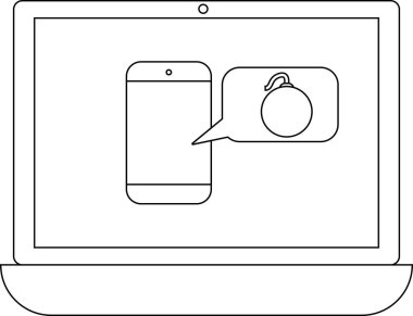 Dizüstü bilgisayar ekranında içinde bomba bulunan bir konuşma balonu olan akıllı bir telefon var. Bu da potansiyel bir güvenlik tehdidi ya da virüs olduğunu gösteriyor..