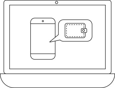 Laptop ekranında konuşma balonunda cüzdan simgesi olan bir akıllı telefon, mobil ödemeyi veya dijital finansmanı temsil ediyor.
