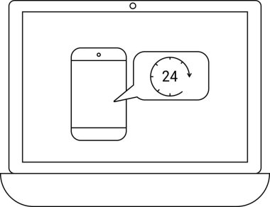 Bir dizüstü bilgisayar ekranında 24 saatlik bir saat simgesini içeren ve sürekli servisi temsil eden ve erişilebilirliği destekleyen bir konuşma balonu olan bir akıllı telefon görüntülenir.