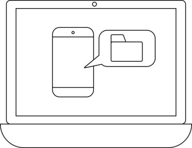 Bir dizüstü bilgisayar, dosya transferini veya veri yönetimini öneren bir dizin simgesi içeren bir konuşma balonu içeren bir akıllı telefon görüntüler.
