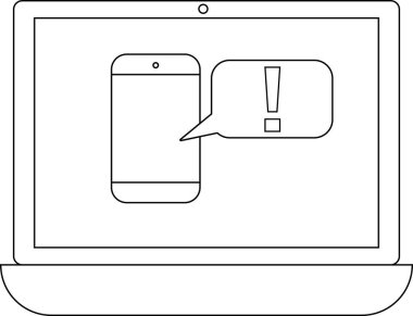 Bir dizüstü bilgisayar ekranında ünlem işareti uyarısı olan bir akıllı telefon görüntülenir. Aygıtta bir uyarı veya uyarı gösterir..
