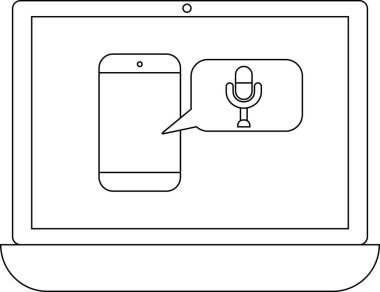 Ses teknolojisini ve iletişimi temsil eden, mikrofon konuşma balonlu bir akıllı telefonu gösteren bir dizüstü bilgisayar görüntüsü.