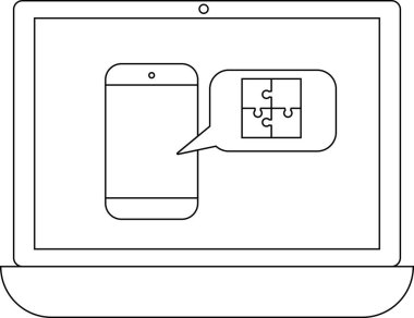 Bir dizüstü bilgisayar ekranında bulmaca simgesi içeren bir konuşma balonu olan akıllı bir telefon gösteriliyor, problem çözmeyi veya bütünleşmeyi öneriyor.