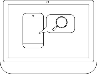 Bir dizüstü bilgisayar ekranında, içinde büyüteç bulunan, mobil arama veya uygulama keşfini sembolize eden bir konuşma balonu olan bir akıllı telefon görüntülenir..