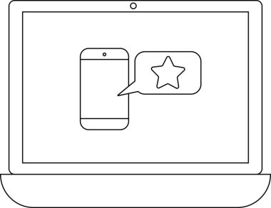 Bir dizüstü bilgisayar, yıldız derecelendirme ikonlu bir akıllı telefonu görüntüler, geri bildirim veya gözden geçirme kavramını önerir. Basit çizgi çizimi.