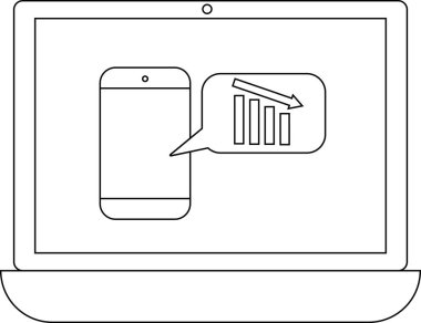 Bir dizüstü bilgisayar ekranında, çubuk grafiği azalan, potansiyel sorunları veya olumsuz eğilimleri sembolize eden bir konuşma balonu içeren bir telefon görüntülenir.
