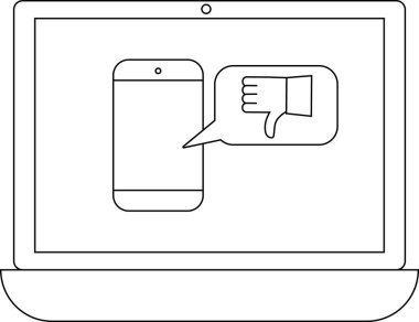 Bir dizüstü bilgisayar, konuşma balonunda başparmağından aşağı simge olan bir akıllı telefonu görüntüler, bu da aygıtın olumsuz geri bildirimini veya onaylanmamasını önerir..