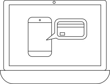 Bir cep telefonu ve kredi kartı simgesini gösteren, çevrimiçi ödeme ve dijital işlemleri sembolize eden, bir dizüstü bilgisayarın temiz ve minimalist bir çizimi.