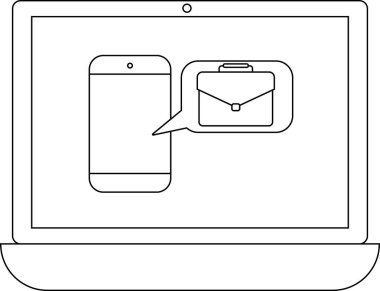 Bir dizüstü bilgisayar, konuşma balonunda çantalı bir cep telefonu simgesini gösterir, dijital aygıtlar üzerinde iş veya işle ilgili iletişimi önerir.