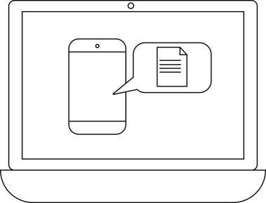 Bir dizüstü bilgisayar, dosya paylaşımı veya belgelere mobil erişim öneren, konuşma balonunda belge simgesi bulunan bir akıllı telefonu görüntüler.