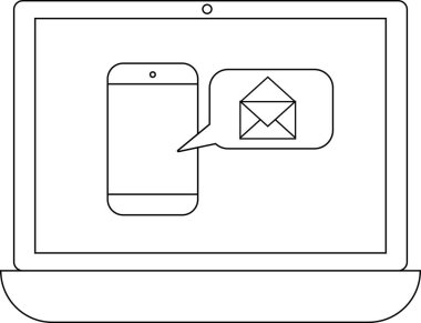 E- posta simgesi olan bir akıllı telefonu gösteren bir dizüstü bilgisayar, dijital bir aygıtta iletişim ya da bildirimler öneriyor.