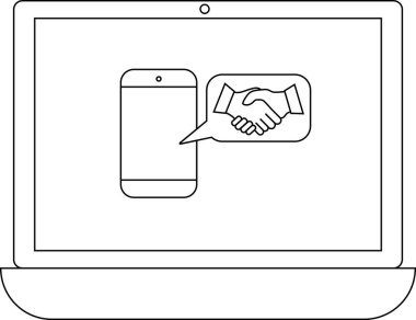 Bilgisayarda el sıkışma simgesi olan bir akıllı telefon, modern teknolojik bağlamda online anlaşmaları, ortaklıkları ve dijital anlaşmaları sembolize ediyor.