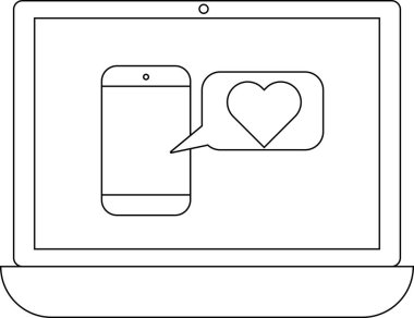 Konuşma balonunda kalp sembolü olan bir akıllı telefon ikonunu gösteren bir dizüstü bilgisayar, sosyal medyanın ilgisini ve teknolojiye olan sevgisini temsil ediyor..