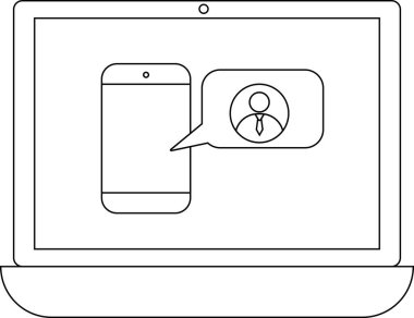 Bir dizüstü bilgisayar, bir kişi simgesi içeren bir konuşma balonu ile bir akıllı telefonu görüntüler, iletişim ya da bağlantı önerir.