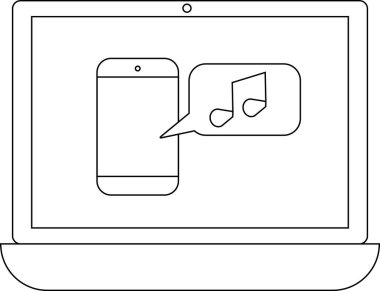 Bir dizüstü bilgisayarın müzik notası konuşma baloncuğu ile bir akıllı telefonu gösteren minimalist çizgi çizimi, müzik akışı veya mobil müzik uygulamaları öneriyor.