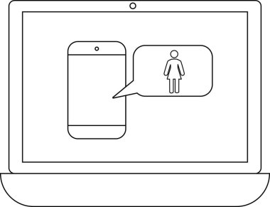 Bir dizüstü bilgisayarda bir kadın simgesi içeren bir konuşma balonu ile akıllı bir telefon görüntülenir, bu da çevrimiçi iletişim ya da sosyal ağ önerir.