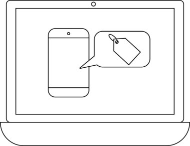 Bir dizüstü bilgisayar ekranında, çevrimiçi alışveriş ve teknolojiyi sembolize eden, konuşma balonunda fiyat etiketi bulunan bir cep telefonu görüntülenir.