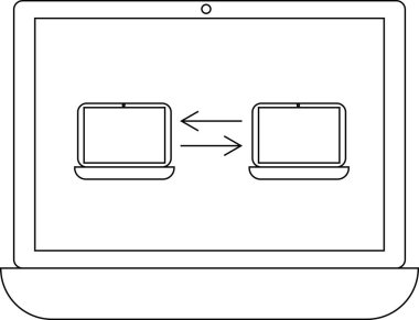 Daha büyük bir dizüstü bilgisayarda gösterilen ve dijital ortamda bağlantı ve bilgi alışverişini sembolize eden iki dizüstü bilgisayar arasındaki veri transferi tasviri.